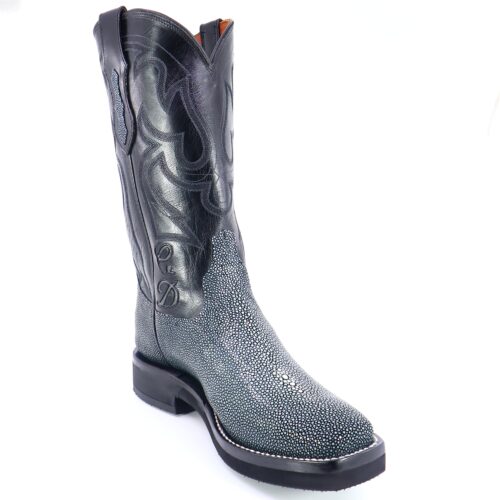 Black Stingray Square Toe Boots with black leather shaft handcrafted by Mandujano Bootmakers