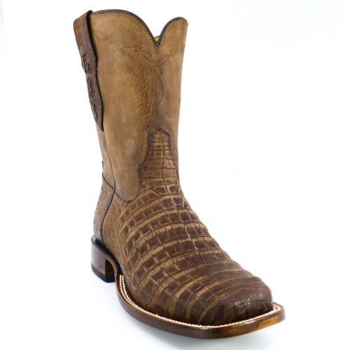 Front view of custom chocolate buffed caiman wide square toe boots handcrafted by Mandujano Bootmakers