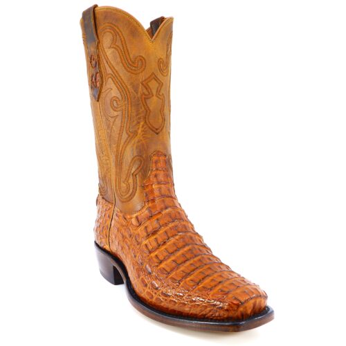 Men's custom cognac caiman square toe boots handcrafted by Mandujano Bootmakers