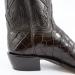 Heel view of women's chocolate American alligator cowgirl toe boots featuring traditional cowboy heels