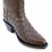 Full quill ostrich leather on women's custom dark chocolate snip toe boots handcrafted by Mandujano Bootmakers